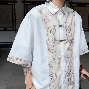 新中式衬衫男士短袖拼色百搭金属扣翠竹宽松帅2024外套CY842-P41图片
