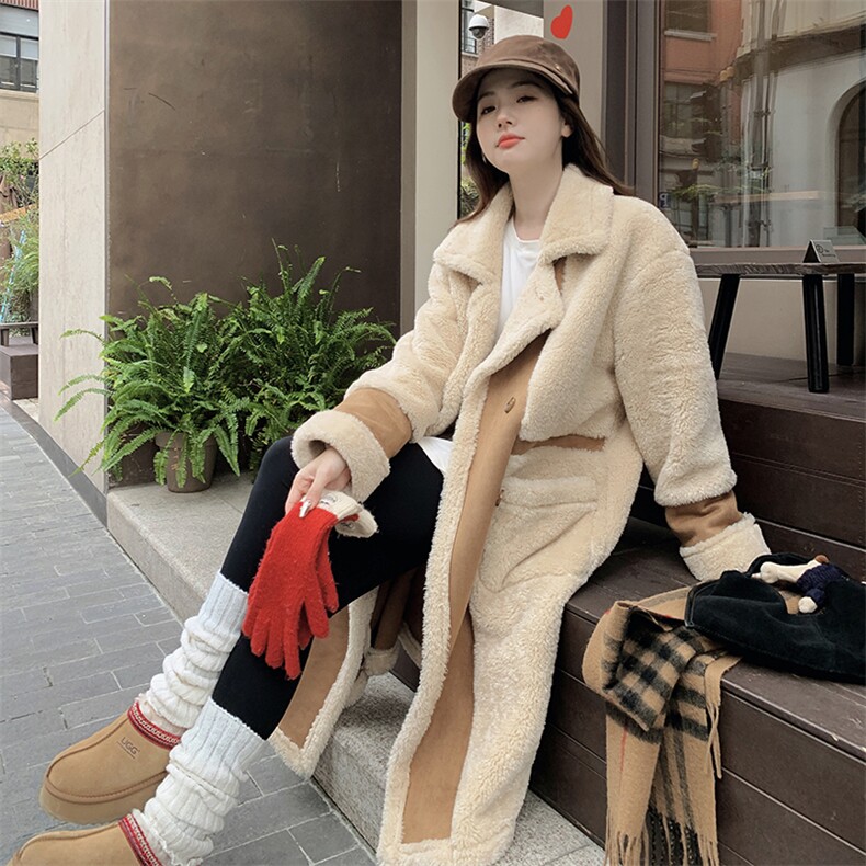 冬款麂皮绒拼羊羔毛双排扣厚皮毛一体长外套2C050-1208-P210-K328,女装皮草,2C050