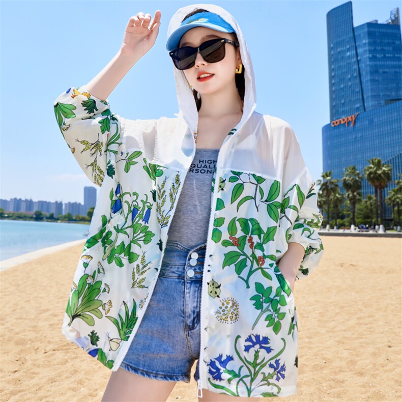 印花防晒女款2024新款夏季透气休闲大码宽松户外连帽防晒服薄外套，女装防晒衣，帛香坊