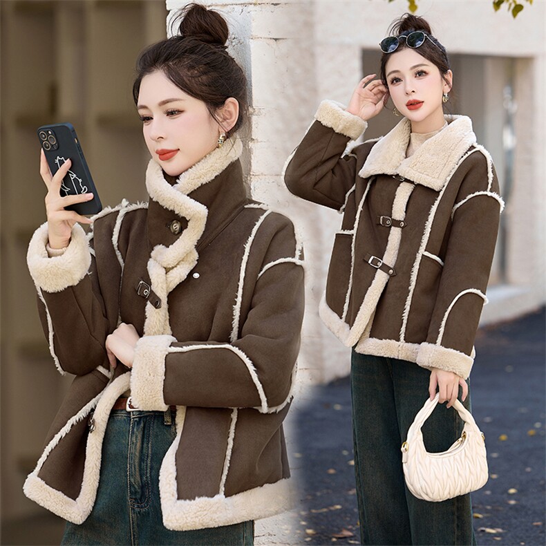 立领麂皮绒羊羔毛外套女冬季宽松加厚保暖短款皮毛一体机车服棉衣，女装羊羔毛/颗粒绒，蝶眷