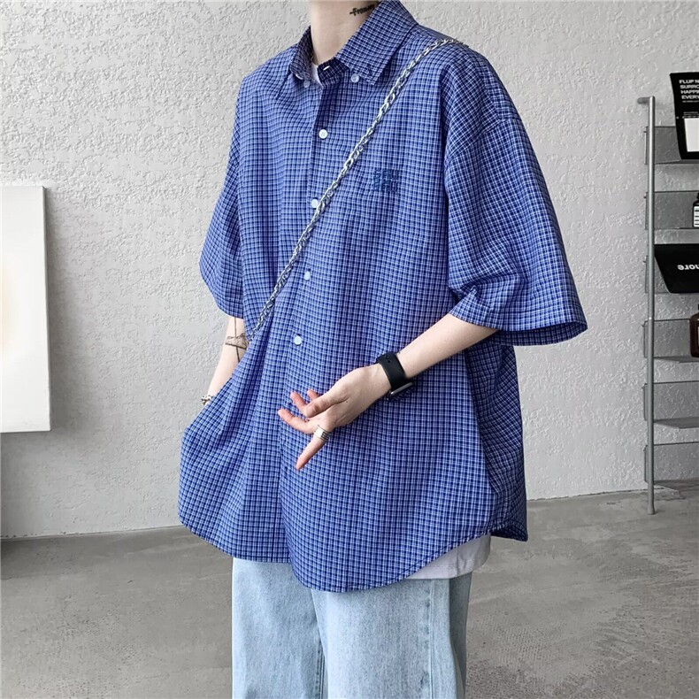 美式复古蓝色格子长袖衬衫男春秋韩版宽松高级感刺绣格纹衬衣外套图片