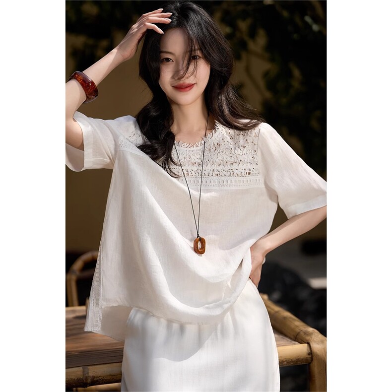 一梦浮生重工蕾丝+宽松短袖圆领衬衫女上衣25夏新，女装衬衫，梦白服饰厂