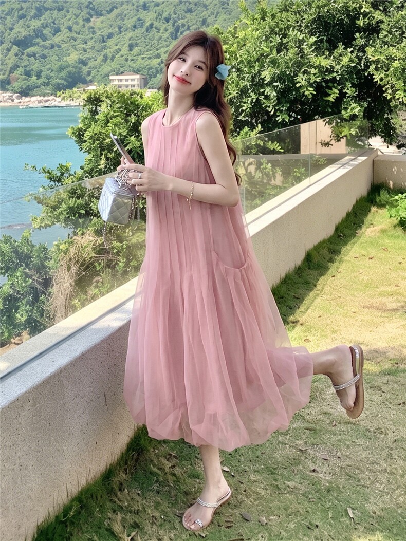 新款主推夏季欧根纱无袖显瘦复古仙女连衣裙2247-P140-K219,女装连衣裙,网红馆