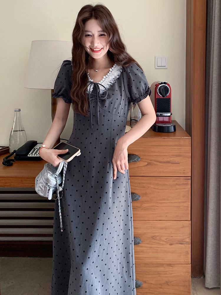 灰色波点泡泡袖连衣裙女2025夏季新款甜辣风设计感收腰显瘦长裙潮,女装连衣裙,浙宝305