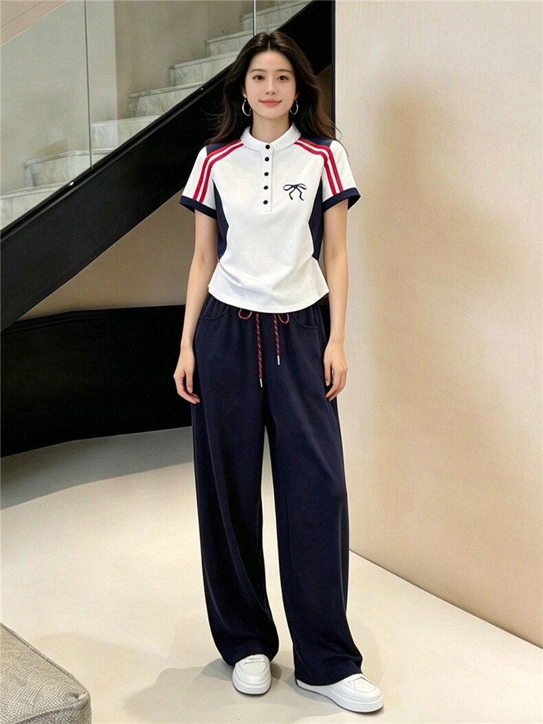 设计款时尚休闲套装女夏款简约百搭条纹拼接短袖上衣阔腿裤两件套,女装套装/套裙,江南