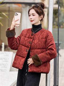 现货2025年新款冬季中式羽绒服复古提花毛领袖口白鸭绒女外套潮流图片