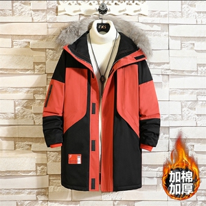 8XL-M码 大毛领棉衣男2023冬季新款连帽撞色中长款棉服加厚大衣潮图片