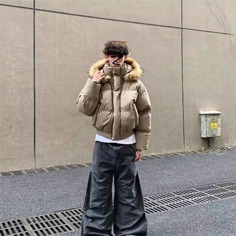 现货三防重磅硬挺boxy短款羽绒棉衣座山雕大毛毛领PU皮棉服外套冬,男装棉衣,电商A486-1