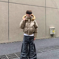 现货三防重磅硬挺boxy短款羽绒棉衣座山雕大毛毛领PU皮棉服外套冬，男装棉衣，电商A486-1