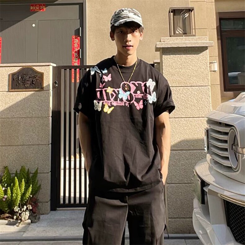万针全刺绣工艺抖音得物高品质260克重磅纯棉双纱美式高街短袖T恤,男装T恤,电商A486