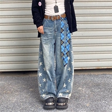 个性小众复古五角星印花牛仔裤男宽松直筒垂坠感阔腿拖地裤，男装牛仔裤，星座410-7