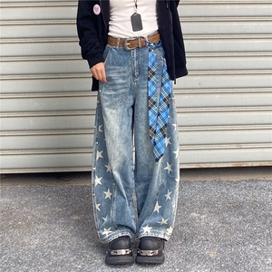 个性小众复古五角星印花牛仔裤男宽松直筒垂坠感阔腿拖地裤图片