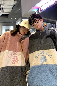 2025冬季新款原创港风撞色羊羔毛卫衣外套情侣男女夹克 GJ28-P95图片
