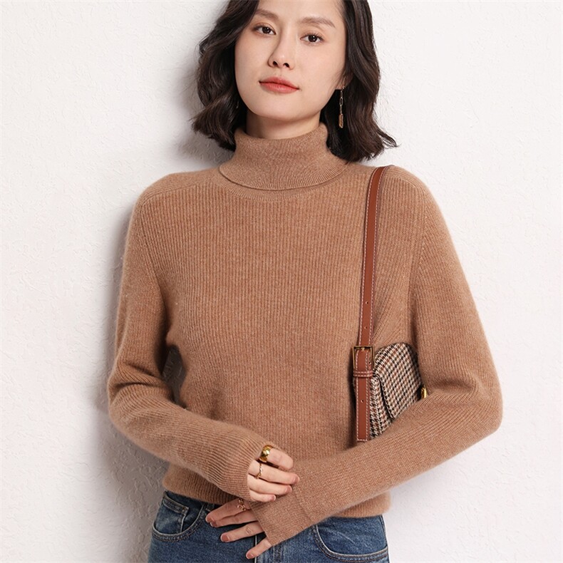 时尚潮流秋冬新款简约精致保暖气质高翻领女士羊绒衫,女装羊绒衫,艾米娇羊绒