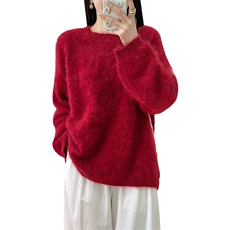 圆领长袖春秋新款毛衣套头百搭红色山羊绒针织衫，女装羊绒衫，仟禧羊绒