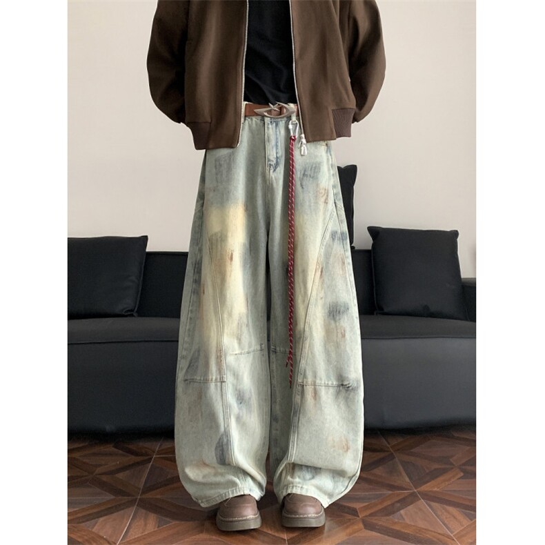 港风秋款男女牛仔裤刺绣扎染拼接弯刀阔腿长裤NK5 P55图片