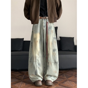 港风秋款男女牛仔裤刺绣扎染拼接弯刀阔腿长裤NK5 P55图片