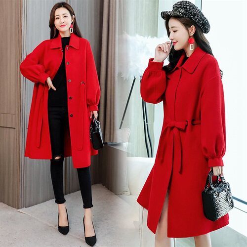 毛呢大衣2024年秋季单排扣红色中长款红色结婚呢子大衣女，女装毛呢外套，天丝秀