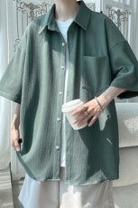2023夏季oversize垂感冰丝大码短袖衬衣男士痞帅半袖衬衫C847-P40，男装衬衫，电商A001-1