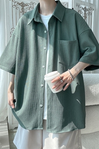 2023夏季oversize垂感冰丝大码短袖衬衣男士痞帅半袖衬衫C847-P40图片