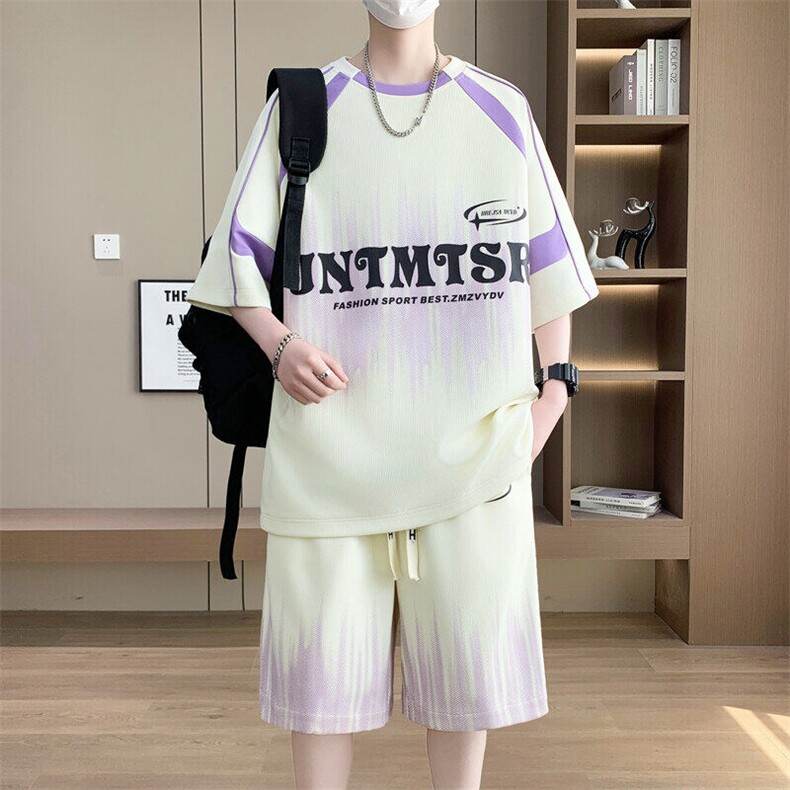 现货夏季时尚渐变字母印花短袖套装青少年学生TZ2027-特45，男装休闲套装，电商A247