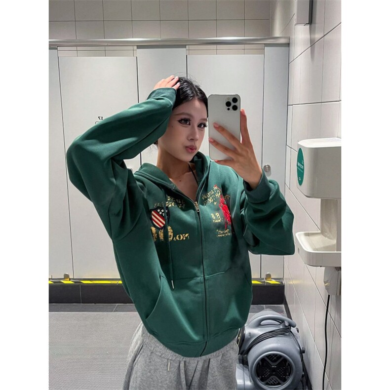 2025美式绿色连帽卫衣女秋新款毛巾绣加厚宽松开衫外套JK6013,女装短外套,星座516A