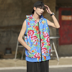 B02东北大花连帽拉链大码风汉服民族特色马甲背心坎肩潮男女，男装背心/马甲，星座115A(原星座507）