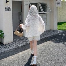 白色蕾丝花边拼接防晒衣套装女夏季2025新款小个子宽松气质两件套，女装套装/套裙，帛锦泉