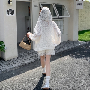 白色蕾丝花边拼接防晒衣套装女夏季2025新款小个子宽松气质两件套图片