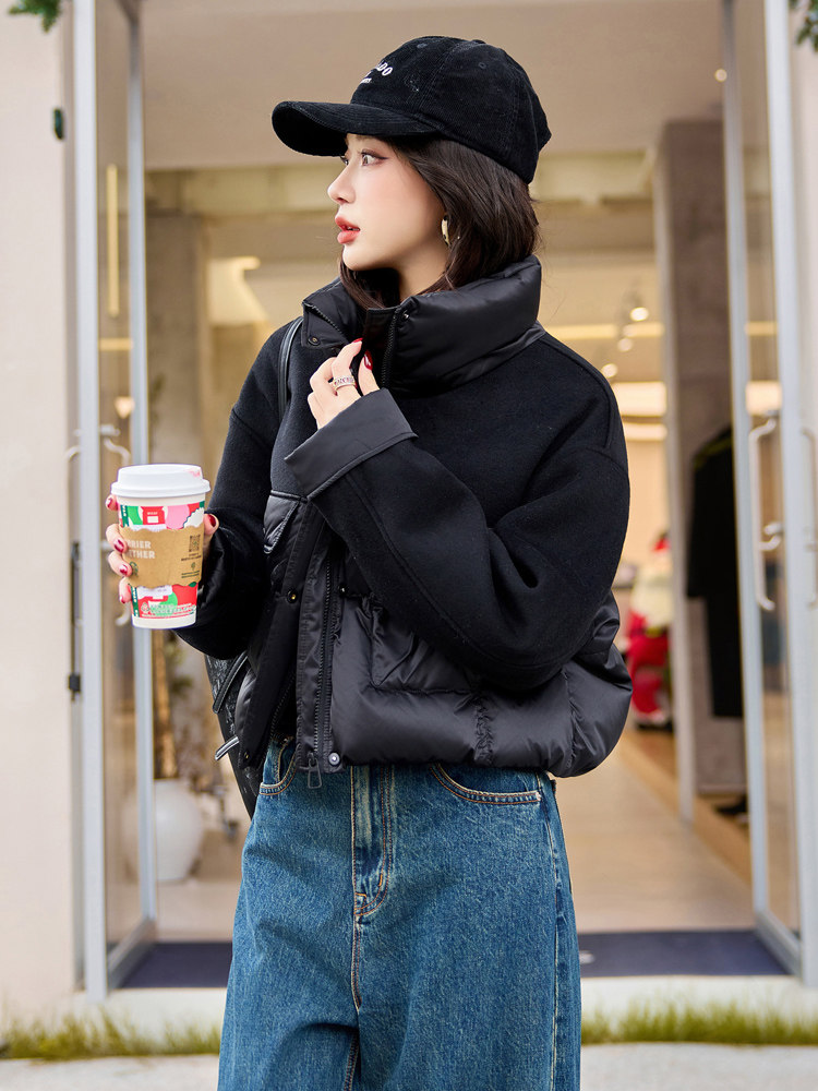 立领毛呢拼接白鸭绒羽绒服女2025冬季时尚短外套大翻领,女装羽绒服,梦懿尔