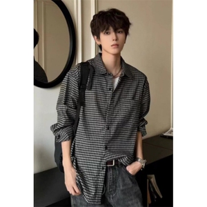 复古春夏季休闲格纹通勤长袖衬衫男百搭宽松复古慵懒衬衣 CS388图片
