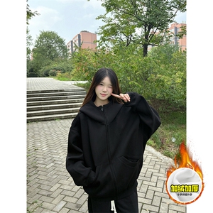 480G重磅加绒硬挺boxy 男女秋冬美式高街防风高领卫衣开衫厚外套图片