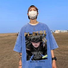 直播品质重磅240克美式复古蜡染水洗做旧宽松短袖t恤T1155P38，男装T恤，电商A486