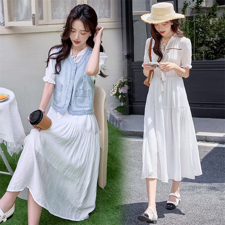 2025超火减龄漂亮洋气套装裙女时尚牛仔马甲+超仙短袖白色连衣裙，女装套装/套裙，铭街依杨