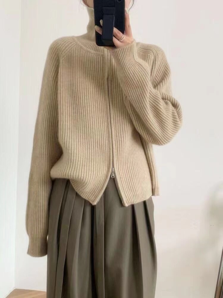 秋冬季新款宽松舒适简约女长领带绳拉链针织开衫,女装羊毛衫,恒恩羊绒