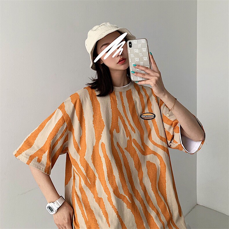 2021夏装新款斑马纹印花短袖T恤女宽松百搭上衣潮D74中性,女装T恤,电商A335-1（原A458）