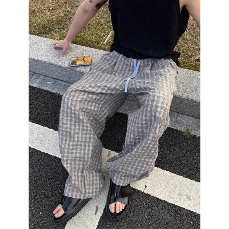 A765薄款格子休闲裤男美式复古慵懒风直筒哈伦裤NIS韩版运动长裤,女装休闲裤,星座308A-1（原309B-1）