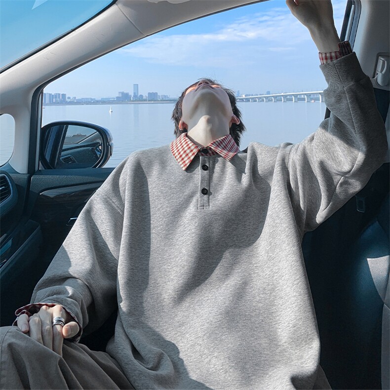 420g重磅华棉复古格子拼接潮流大码亨利领卫衣男W5433-特P50控98，男装卫衣，电商A001-1