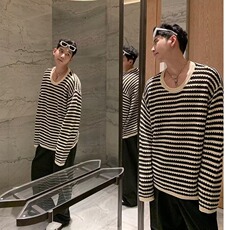 594-P33宽松型青少年长袖男设计感打底衫上衣潮休闲气质条纹，男装T恤，电商B323A