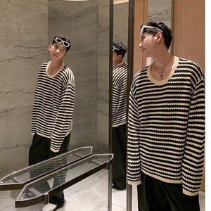 594-P33 宽松型青少年长袖男设计感打底衫上衣潮休闲气质条纹图片