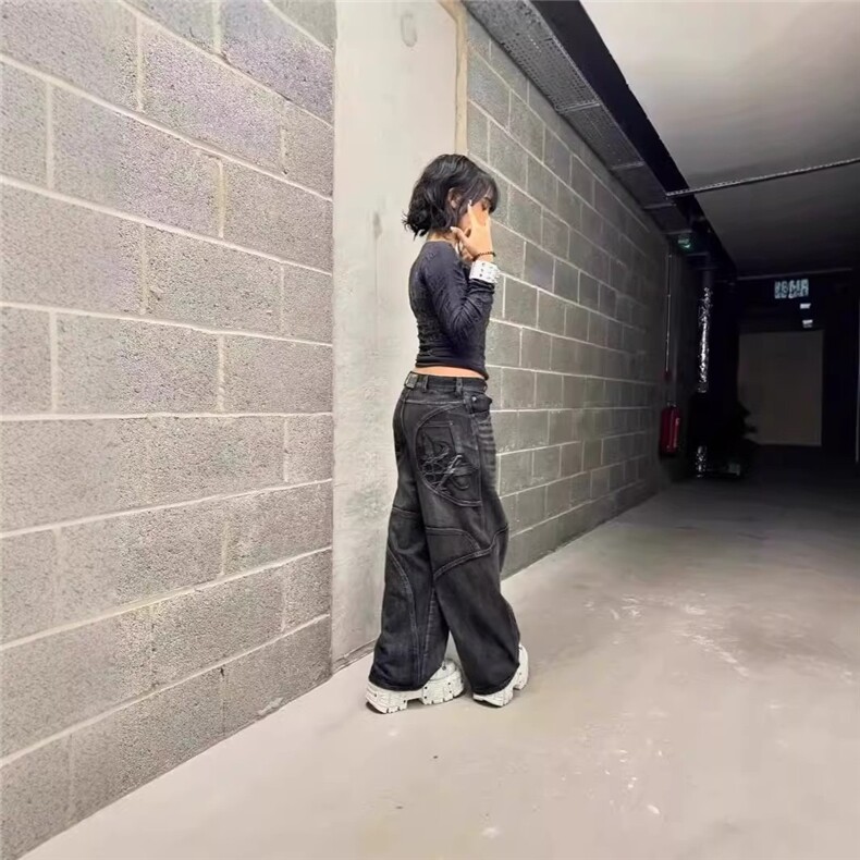 欧美高街水洗做旧黑灰直筒牛仔裤男女复古嘻哈潮牌初秋阔腿长裤,男装牛仔裤,星座506A
