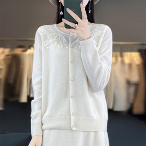 秋冬羊毛开衫女圆领宽松休闲百搭针织复古毛衣打底衫外套