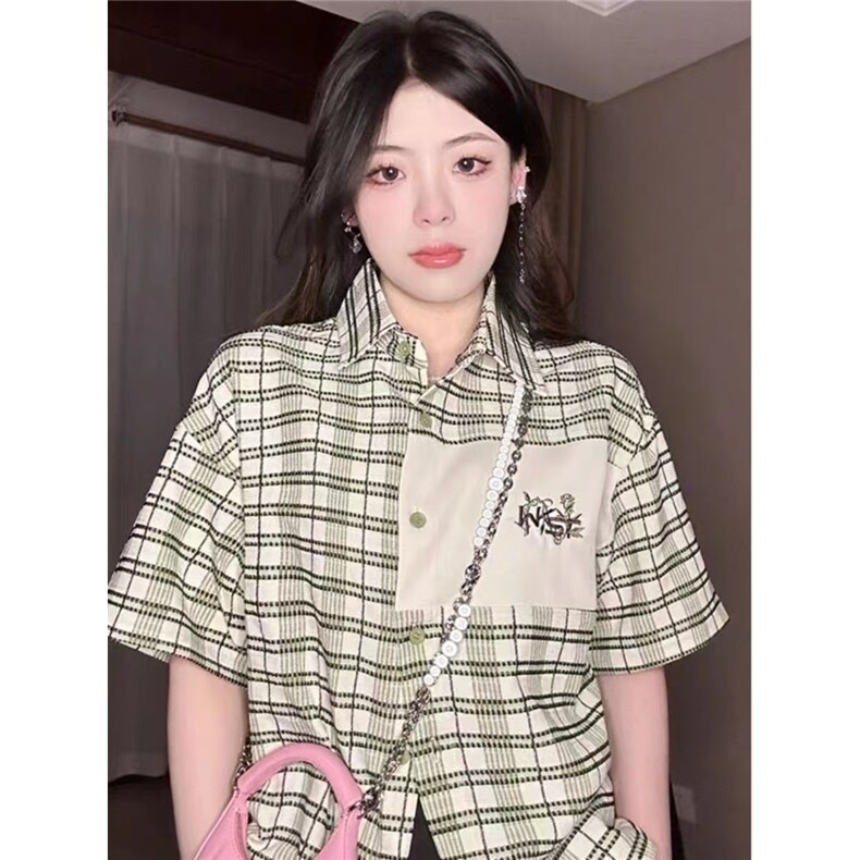 2025夏季新款米绿色格纹短袖衬衫女学生日系清新小个子衬衣开衫潮,男装T恤,星座506A