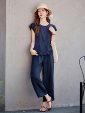 2026新款天丝苎麻短袖夏季女圆领黄衬衫两件套时尚休闲九分裤套装，女装衬衫，梦懿尔