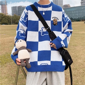 棋盘格毛衣男女宽松外穿秋冬加厚小熊套头圆领针织打底M9062-P43图片
