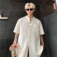 复古暗纹提花面料短袖衬衫男女潮宽松情侣风衬衣金属扣装饰P48，男装衬衫，电商C307