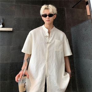 复古暗纹提花面料短袖衬衫男女潮宽松情侣风衬衣金属扣装饰P48图片
