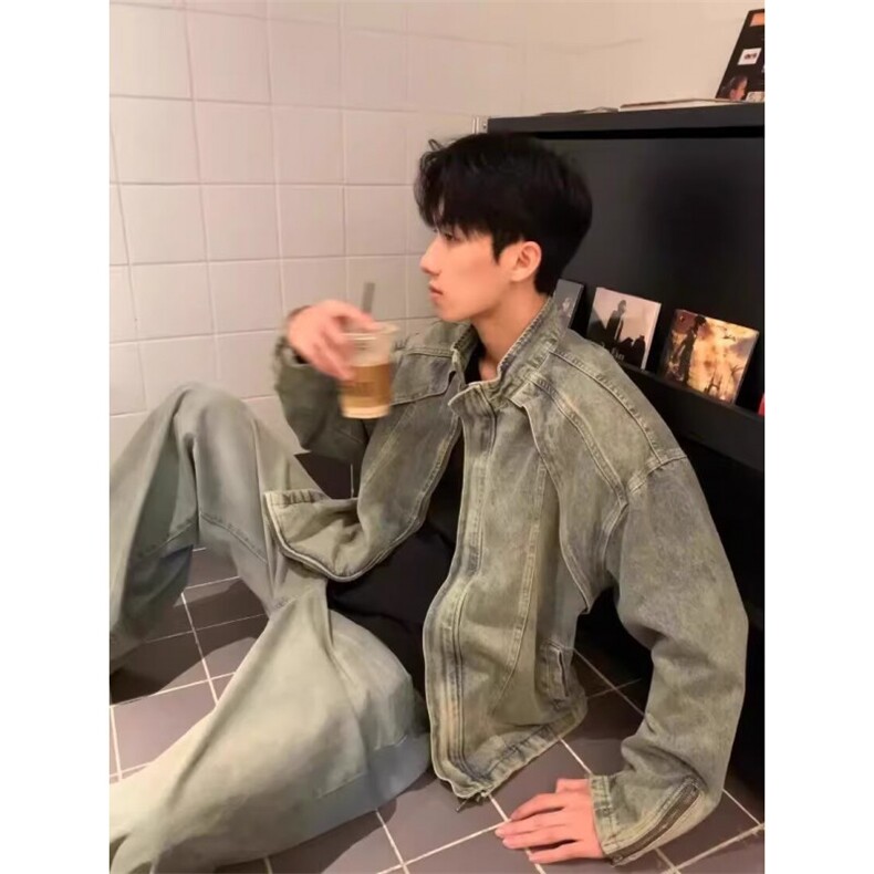 美式复古水洗做旧立领重磅牛仔外套男女春季街头宽松休闲夹克潮流,男装工装外套,四季星座505