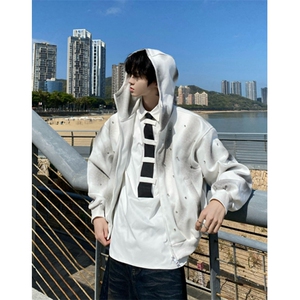 复古扎染珍珠点缀喷绘连帽卫衣男女休闲百搭宽松开衫上衣 WA242图片