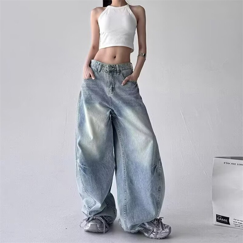 美式复古设计感嘻哈弯刀牛仔裤女2025秋季新款宽松显瘦直筒阔腿裤,男装牛仔裤,星座813-2